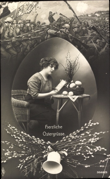 Ak Glückwunsch Ostern, Frau, Ostereier, Weidenkätzchen, Kämpfende Soldaten