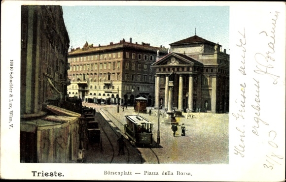 Ak Triest Trieste Friuli Venezia Giulia,  Börsenplatz, Piazza della Borsa, Straßenbahn, Gebäude
