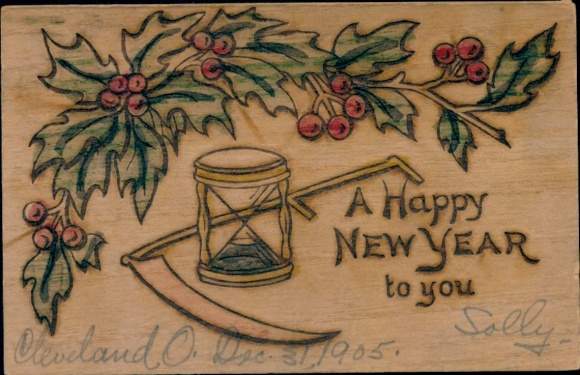 Holz Ak Glückwunsch Neujahr, Stechpalme, Sense, Sanduhr