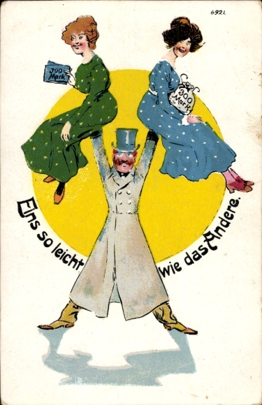 Ak Mann hält zwei Frauen, Eins so leicht wie das Andere