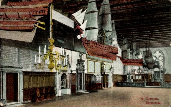 Ak Schnoor Bremen, Rathaussaal in  Schiffsmodelle,  Atmosphäre