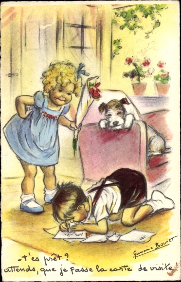 Künstler Ak Bouret, Germaine, Attends, que je fasse la carte de visite