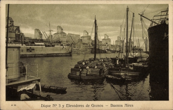 Ak Buenos Aires, Argentina, Dique No 3 y Elevadores de Granos