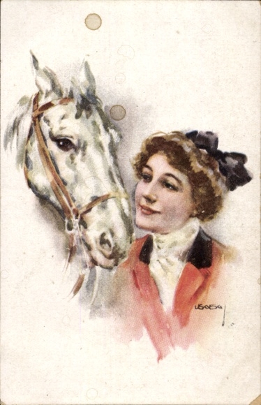 Künstler Ak Usabal, Luis, Gelukkig Nieuwjaar, Glückwunsch Neujahr, Frau, Pferd