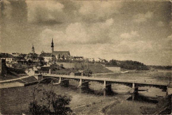 Ak Narva Narwa Estland, Blick auf die Altstadt,  Brücke, Fluss, Wolken