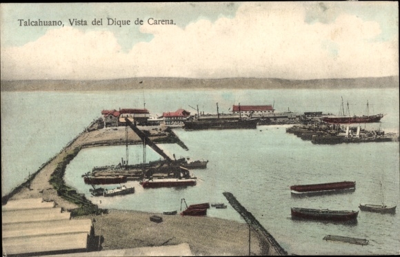 Ak Talcahuano Chile,  Hafenansicht, Schiffe, Docks, Wasser