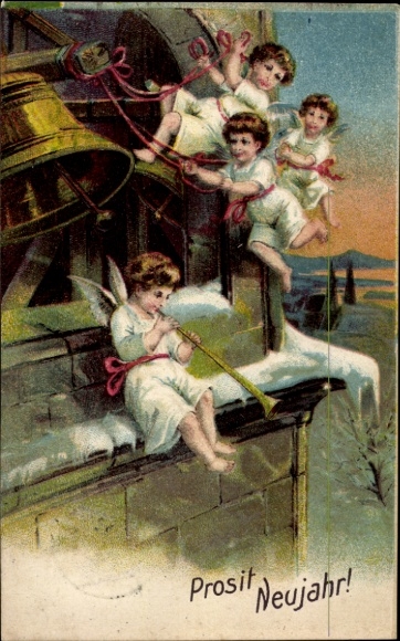Litho Glückwunsch Neujahr, Engel, Glockenturm