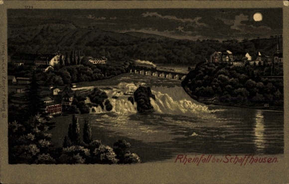 Litho Rheinfall Kanton Schaffhausen, Wasserfall bei Nacht