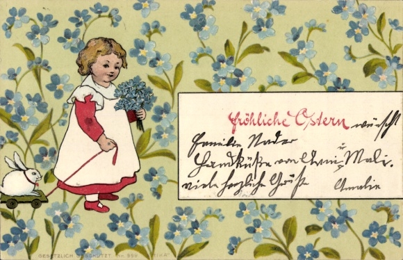 Präge Litho Glückwunsch Ostern, Mädchen, Hase, Blumen