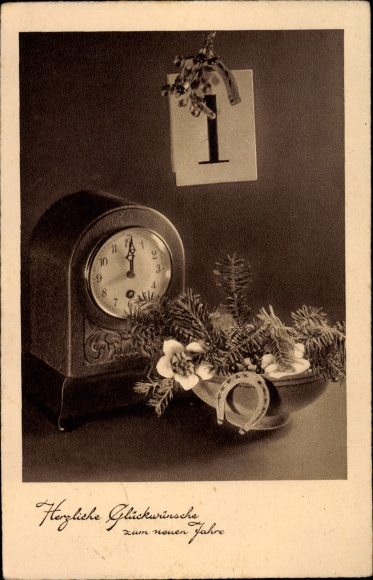 Ak Glückwunsch Neujahr, Kalenderblatt, Uhr, Hufeisen