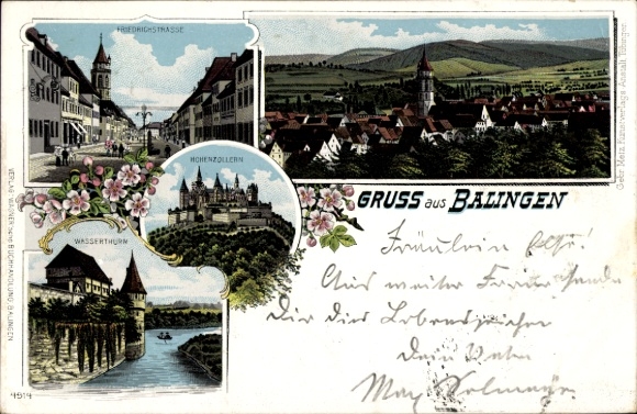 Litho Balingen im Zollernalbkreis, Burg Hohenzollern, Friedrichstraße, Wasserturm, Gesamtansicht