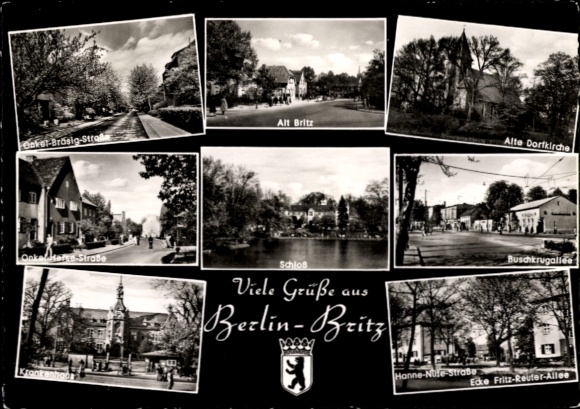 Ak Berlin Neukölln Britz, Alte Dorfkirche, Buschkrugallee, Schloss, Wappen, Krankenhaus