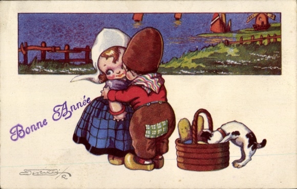 Künstler Ak zwei Kinder in Tracht umarmen einander