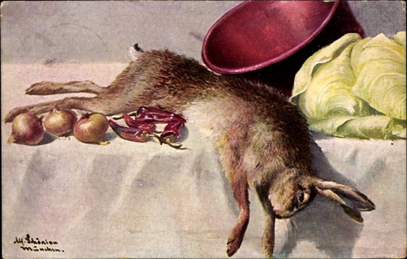 Künstler Ak Schönian, Alfred, Stillleben, Hase, Zwiebeln, Kohl