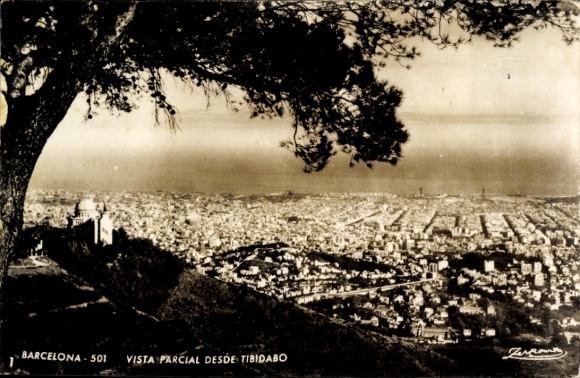 Ak Vallvidrera Barcelona Katalonien Spanien, Blick auf  Tibidabo, Stadtansicht, Schwarz-Weiß-Foto
