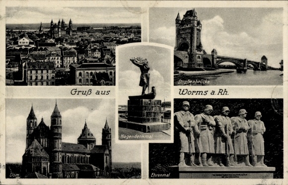 Ak Worms am Rhein, Dom, Hagendenkmal, Ehrenmal, Straßenbrücke, Worms a. Rh.