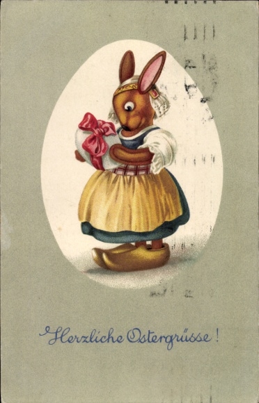 Passepartout Ak Glückwunsch Ostern, Osterhase mit Osterei