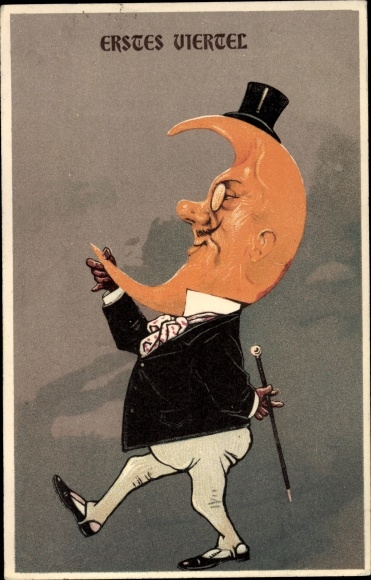 Ak Erstes Viertel, Mond vermenschlicht, Mondgesicht, Mondsichel, Zylinder, Monokel, Gehstock