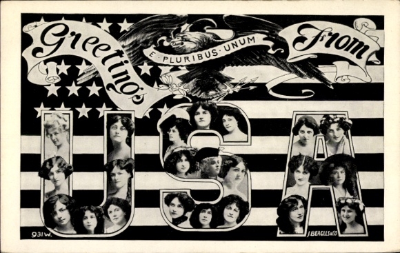Buchstaben Ak USA, Adler, Frauen-Porträts
