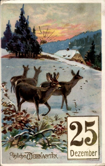 Ak Fröhliche Weihnachten, Rehe, 25. Dezember