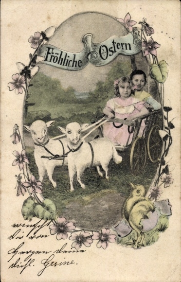 Passepartout Ak Glückwunsch Ostern, Kinder, Küken, Lämmer