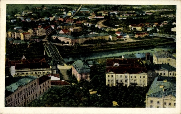Ak Przemyśl Polen, Luftaufnahme von  Fluss, Häuser, Brücke, Landschaft