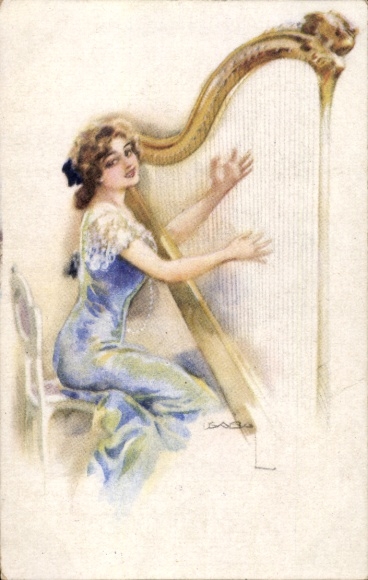 Künstler Ak Usabal, Luis, Frau spielt die Harfe