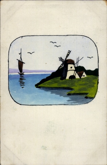 Handgemalt Ak Windmühle am Ufer, Segelboot