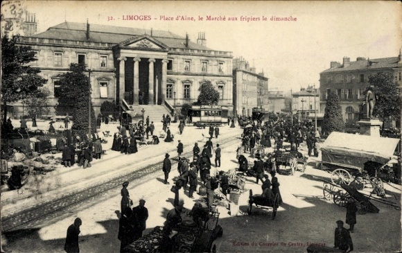 Ak Limoges Haute Vienne, Markt mit Menschen, Wagen, Bäumen, Gebäude im Hintergrund