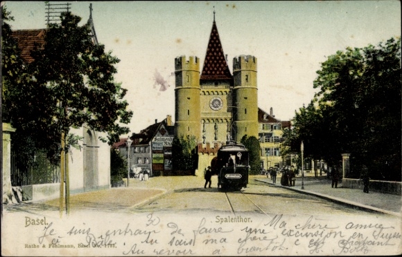 Ak Basel Stadt Schweiz,  Spalenthor, Straßenbahn, farbig
