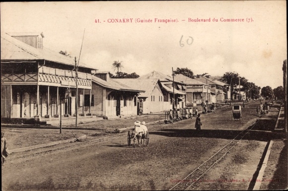 Ak Conakry Guinea,  Boulevard du Commerce, Straßenansicht, Pferdekutsche, Häuser