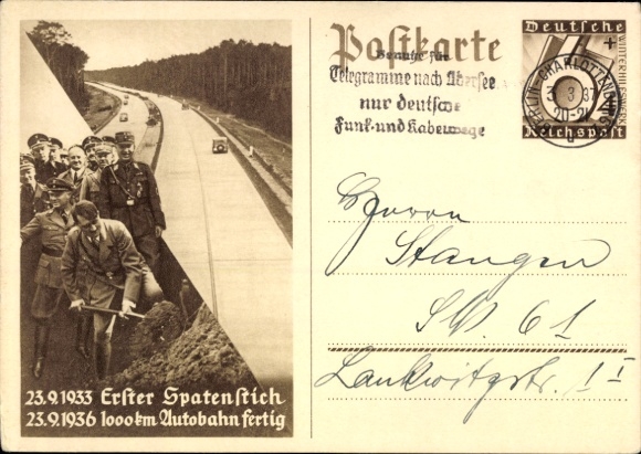 Ganzsachen Ak Adolf Hitler, Bau der Reichs-Autobahn, Erster Spatenstich 23.9.1933