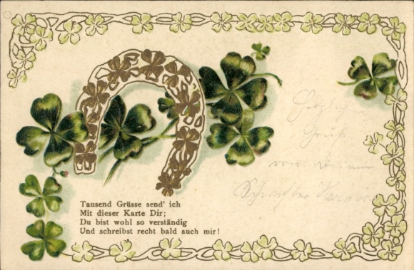 Präge Ak Tausend Grüße, Hufeisen, Kleeblätter