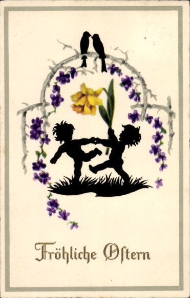 Scherenschnitt Ak Glückwunsch Ostern, Kinder, Vögel