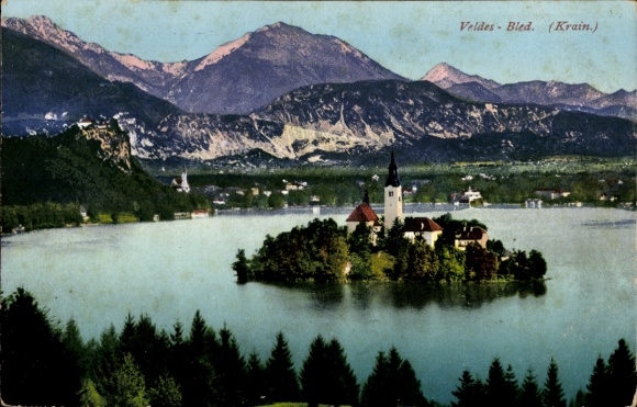 Photochromie Ak Bled Veldes Slowenien, Blejsko jezero Bleder See, Insel Blejski Otok