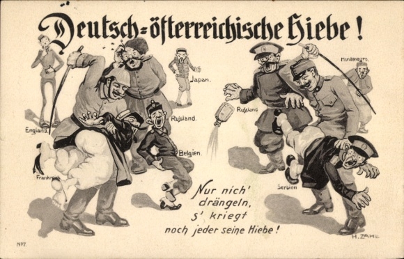 Künstler Ak Zahl, Deutsch österreichische Hiebe, deutscher und kuk Soldat verdreschen Feinde, 1. WK