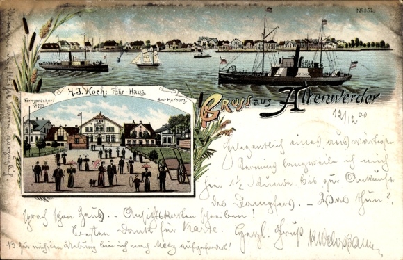 Litho Hamburg Harburg Altenwerder, Gesamtansicht, Dampfer, Fährhaus