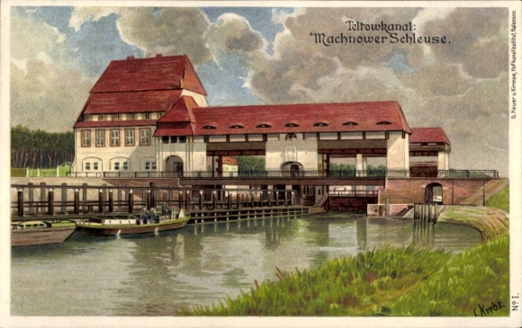 Litho Kleinmachnow in Brandenburg, Teltowkanal, Machnower Schleuse