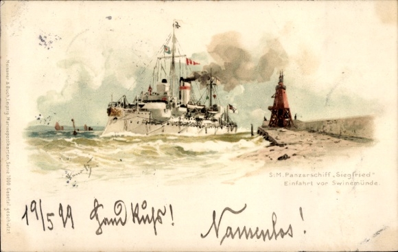 Künstler Litho Bohrdt, Hans, Swinemünde, Deutsches Kriegsschiff, SMS Siegfried, Panzerschiff