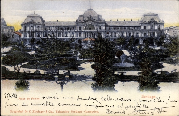 Ak Santiago de Chile, Plaza de Armas,  Gartenlandschaft,  Architektur