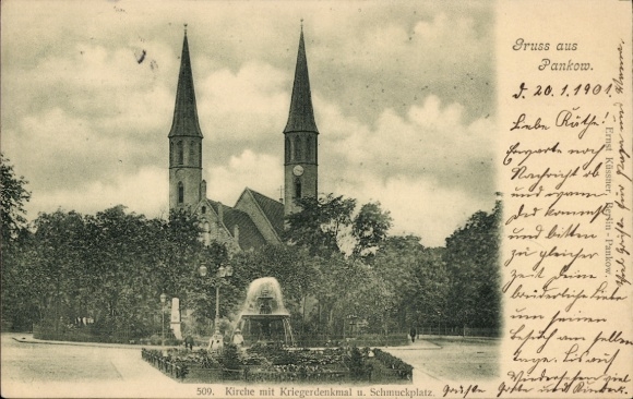 Ak Berlin Pankow, Kirche, Kriegerdenkmal, Schmuckplatz