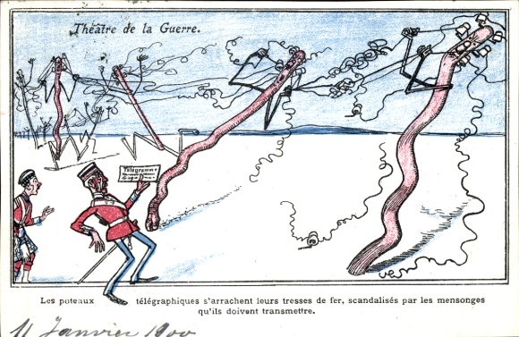 Künstler Ak Burenkrieg,Die Telegraphenstangen reißen sich aus Wut über Lügendepeschen Drahthaare aus