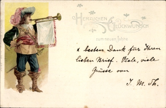 Ak Berlin Pankow Karow, Neujahrsgruß mit Herold, der eine Fahne mit der Aufschrift 'Herzlichen...