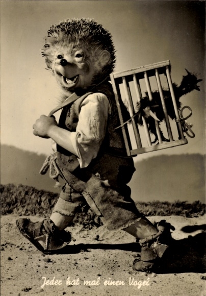 Ak Mecki der Igel, Jeder hat mal einen Vogel, Vogelkäfig