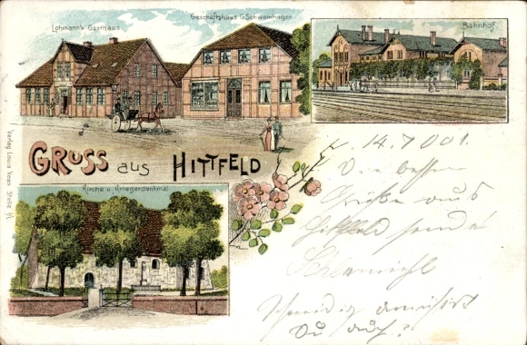 Litho Hittfeld Seevetal in Niedersachsen, Lohmanns Gasthaus, Bahnhof, Geschäftshaus Schweinhagen