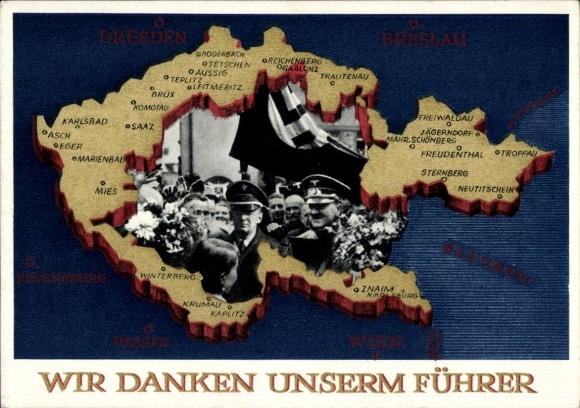 Ganzsachen Ak Wir danken unserm Führer, Landkarte Tschechoslowakei, Propaganda