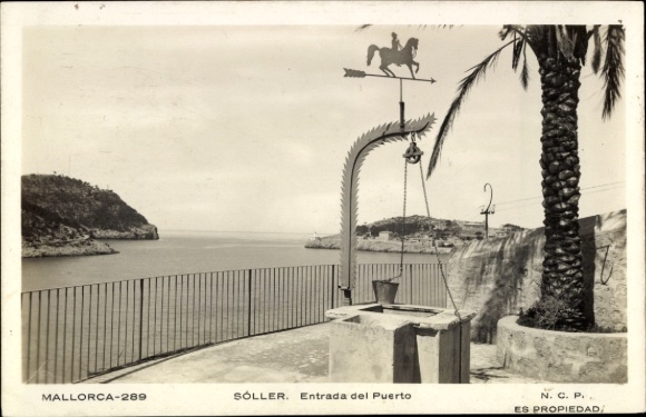 Ak Soller Mallorca Balearische Inseln, Blick auf das Meer, Statue eines Reiters, Palmbaum, Hafen 