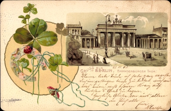 Präge Litho Berlin Mitte, Brandenburger Tor, Kleeblätte, Hufeisen, Mariechenkäfer