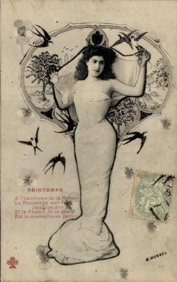 Jugendstil Ak Frühling, Frauenbildnis, Schwalben, Gedicht