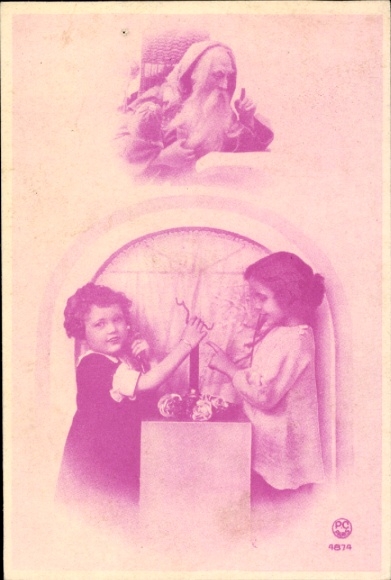 Ak Weihnachten, Kinder beim Telefonieren, Weihnachtsmann